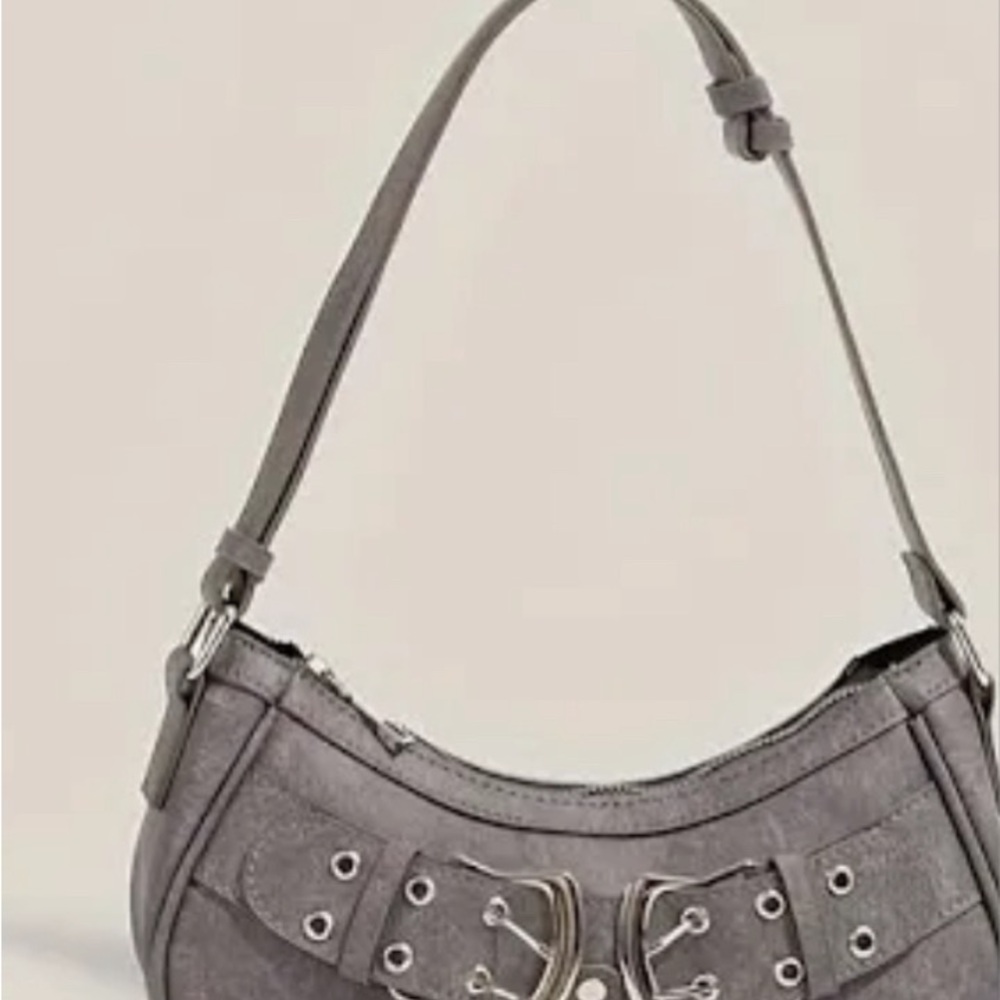 Gray Shoulder Bag with Buckle Detail